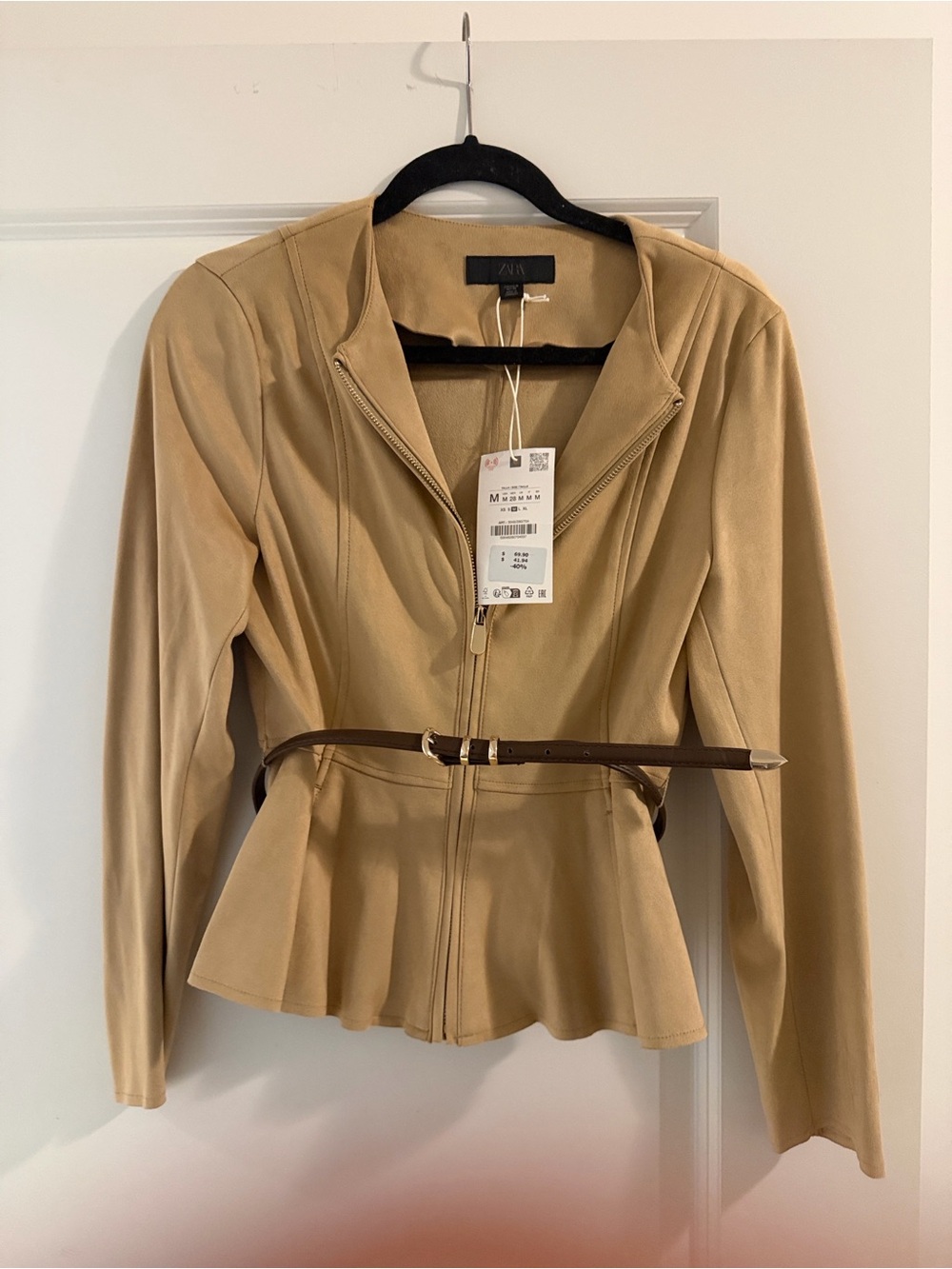 Zara Women's Tan suede Zip Jacket with Slim Belt